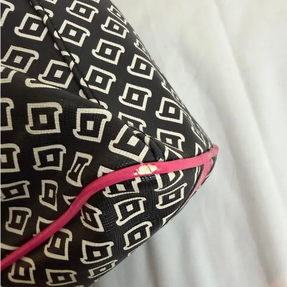 GUESS Satchel Black/White with Pink Trim Zipper Closure Handbag